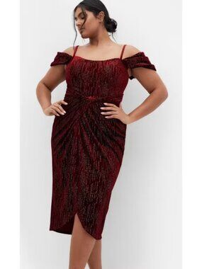 City Chic Jayla Cold Shoulder Velvet Dress Berry | Faux Wrap Knot Front | Women’